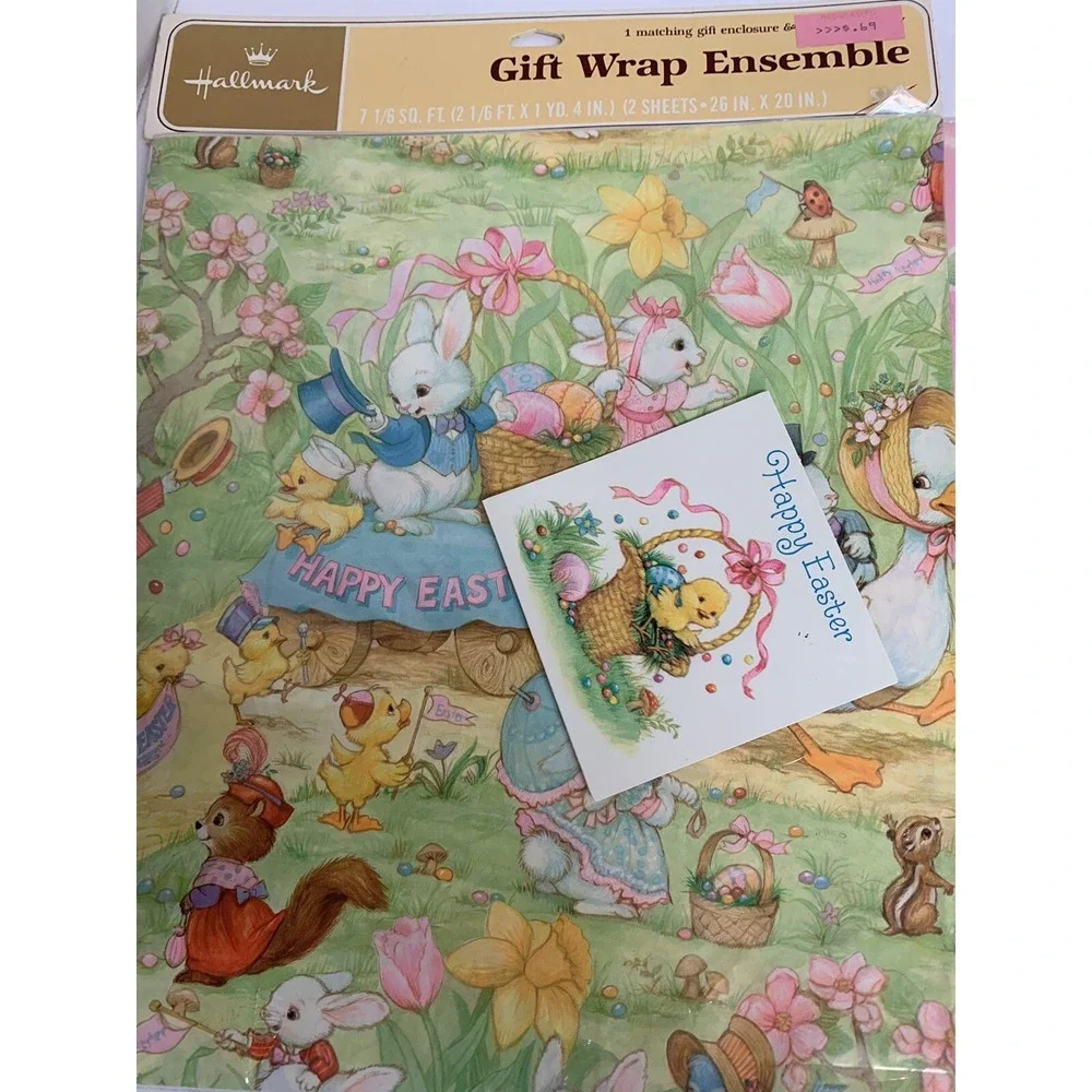 NEW Vtg HALLMARK GIFT WRAP EASTER VINTAGE Flat Wrapping Paper Spring Rabbit